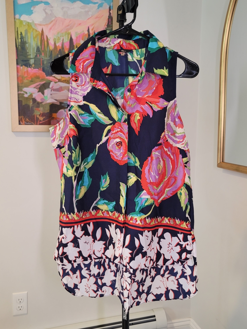 MILANO Floral Print Sleeveless Blouse Button Down Navy Boho Women's Size M